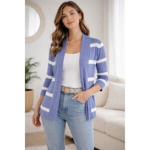 Cyrus Cardigan Women's S Blue White Striped Open Front Knit 3/4 Sleeve Cotton